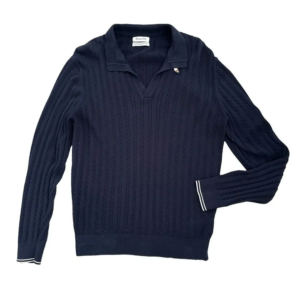 Massimo Dutti Extrafine Cotton Polo Sweater  Mens Sz L Navy Cable Knit Slim Fit